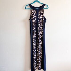 Antthony Navy & Tan High Neck Geometric Print Sleeveless Formal Maxi Dress Large